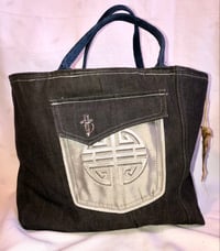 Image 1 of Reversible Charcoal Gray Denim Tote Bag With Wool Herringbone Inside, Big Pocket Details