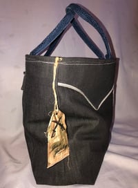Image 3 of Reversible Charcoal Gray Denim Tote Bag With Wool Herringbone Inside, Big Pocket Details