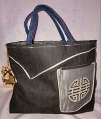 Image 2 of Reversible Charcoal Gray Denim Tote Bag With Wool Herringbone Inside, Big Pocket Details