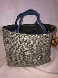 Image 5 of Reversible Charcoal Gray Denim Tote Bag With Wool Herringbone Inside, Big Pocket Details