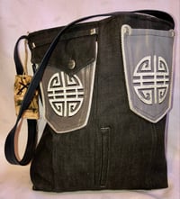 Image 1 of Reversible Charcoal Denim Messenger Bag With Multiple Pockets & Leather Shoulder Strap