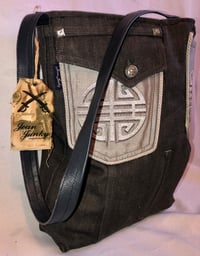 Image 3 of Reversible Charcoal Denim Messenger Bag With Multiple Pockets & Leather Shoulder Strap