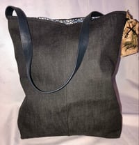 Image 2 of Reversible Charcoal Denim Messenger Bag With Multiple Pockets & Leather Shoulder Strap