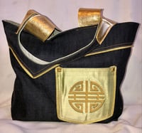 Image 1 of Reversible Indigo Denim Tote Bag With Green Pea Velour Inside, Gold Leather Accent & Rope Pipping