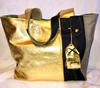 Image 2 of Reversible Indigo Denim Tote Bag With Green Pea Velour Inside, Gold Leather Accent & Rope Pipping