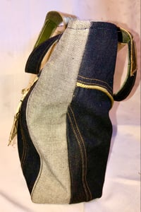 Image 3 of Reversible Indigo Denim Tote Bag With Green Pea Velour Inside, Gold Leather Accent & Rope Pipping