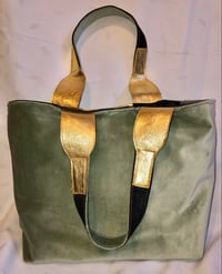 Image 5 of Reversible Indigo Denim Tote Bag With Green Pea Velour Inside, Gold Leather Accent & Rope Pipping