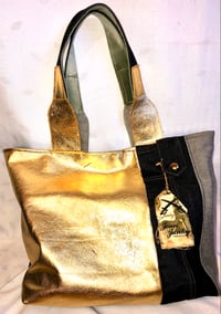 Image 4 of Reversible Indigo Denim Tote Bag With Green Pea Velour Inside, Gold Leather Accent & Rope Pipping
