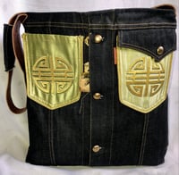 Image 1 of Reversible Indigo Denim Messenger Bag W/4 Way Storage Pockets, Leather Accent Button Front Detail