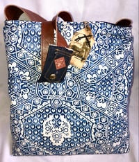 Image 5 of Reversible Indigo Denim Messenger Bag W/4 Way Storage Pockets, Leather Accent Button Front Detail