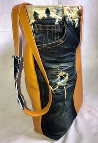 Image 1 of Reversible  Messenger Bag  W/Jean Panels & Tan Leather Accent, Serapes Fabric Inside Contrast
