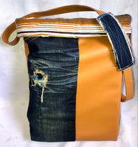 Image 2 of Reversible  Messenger Bag  W/Jean Panels & Tan Leather Accent, Serapes Fabric Inside Contrast
