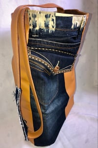 Image 3 of Reversible  Messenger Bag  W/Jean Panels & Tan Leather Accent, Serapes Fabric Inside Contrast