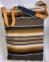 Image 5 of Reversible  Messenger Bag  W/Jean Panels & Tan Leather Accent, Serapes Fabric Inside Contrast