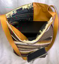 Image 4 of Reversible  Messenger Bag  W/Jean Panels & Tan Leather Accent, Serapes Fabric Inside Contrast