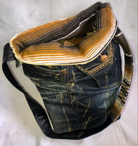 Image 4 of Reversible  Denim Jeans W/Textured Wooly Fabric, Brown Stripe Serapes Fabric Inside Contrast