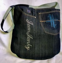 Image 1 of Reversible Denim Jean Messenger Bag W/Teal Velour Stripe Fabric Accent, Grey Cow Hide Straps