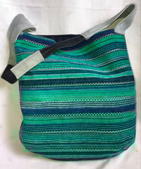 Image 2 of Reversible Denim Jean Messenger Bag W/Teal Velour Stripe Fabric Accent, Grey Cow Hide Straps