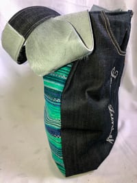 Image 3 of Reversible Denim Jean Messenger Bag W/Teal Velour Stripe Fabric Accent, Grey Cow Hide Straps