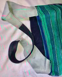 Image 5 of Reversible Denim Jean Messenger Bag W/Teal Velour Stripe Fabric Accent, Grey Cow Hide Straps