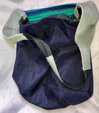 Image 4 of Reversible Denim Jean Messenger Bag W/Teal Velour Stripe Fabric Accent, Grey Cow Hide Straps