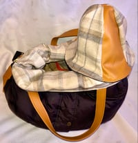 Image 4 of Leather & Puffy Nylon Coat Reversible Messenger/Tote Bag, Wool Plaid Inside W/Leather Handles