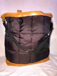 Image 2 of Leather & Puffy Nylon Coat Reversible Messenger/Tote Bag, Wool Plaid Inside W/Leather Handles