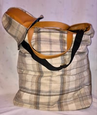 Image 5 of Leather & Puffy Nylon Coat Reversible Messenger/Tote Bag, Wool Plaid Inside W/Leather Handles