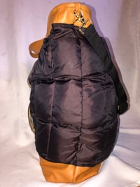 Image 3 of Leather & Puffy Nylon Coat Reversible Messenger/Tote Bag, Wool Plaid Inside W/Leather Handles