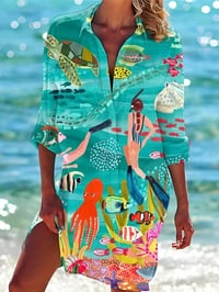 Image 1 of Womans Beachwear 'Great Barrier Reef' Style- Print Long Casual Long Sleeve Shirt/ Dress