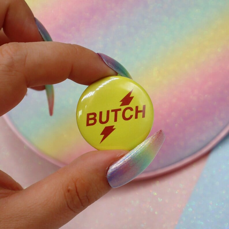 Image of Butch Button Badge. Rush Poppers themed