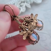 Image 3 of Dragonfly earrings with fire opal glass,  Art Nouveau style artisan jewelry by BelleArtis