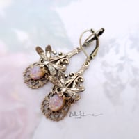 Image 1 of Dragonfly earrings with fire opal glass,  Art Nouveau style artisan jewelry by BelleArtis
