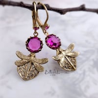 Image 2 of Dragonfly Earrings, Art Nouveau insect jewelry with Pink Swarovski Crystals By Eras Jewelry