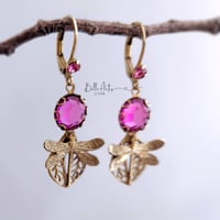 Image 1 of Dragonfly Earrings, Art Nouveau insect jewelry with Pink Swarovski Crystals By Eras Jewelry