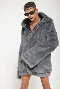 Image 4 of UNISEX GRAY LONG-HAIRED FAUX FUR COAT