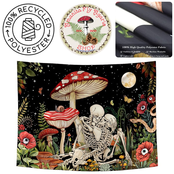 Image of 🍄 Mushroom Forest Mush Love Tapestry - Amanita - Skeleton - Cottagecore