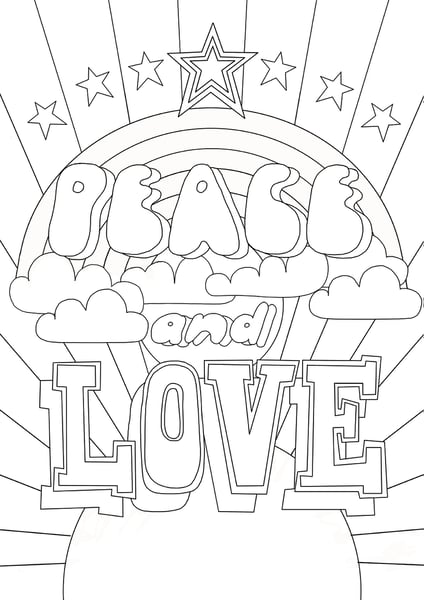 Image of A3 Colouring-In, black and white print - PEACE AND LOVE