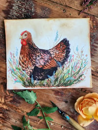 Image 1 of Hen and Flowers -Watercolor Painting 