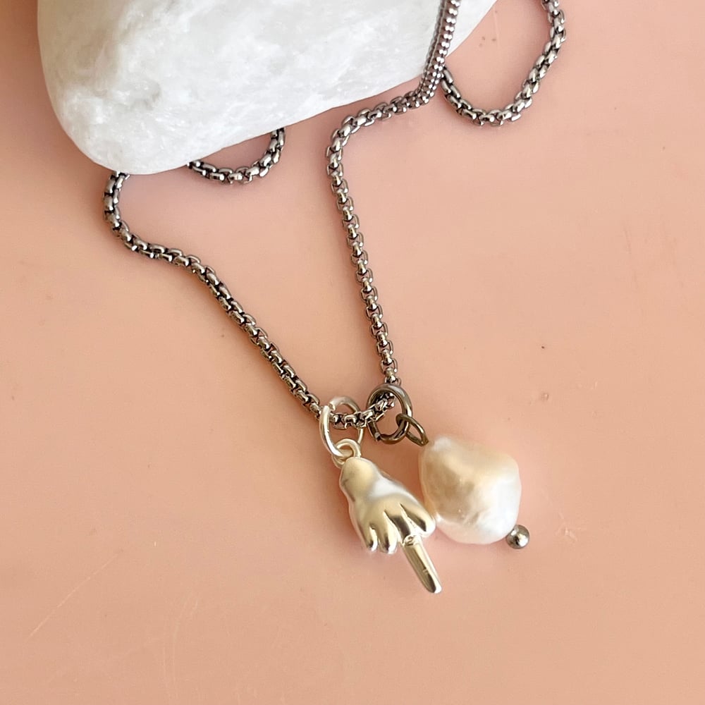 Image of Silver Middle Finger and Pearl Necklace