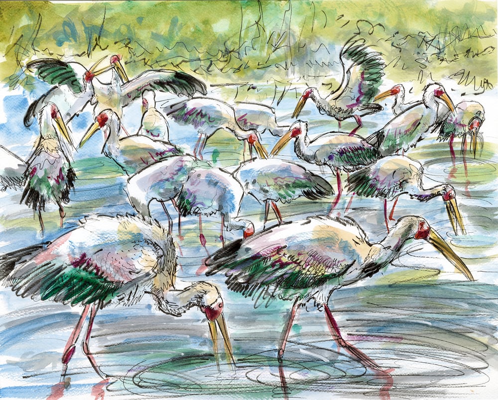 Image of Feeding stalks - Framed Watercolour original