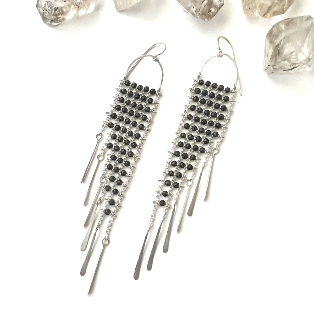 Image of Smokey Quartz and Silver Beaded Fringe Earrings