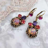 Image 1 of Glass Fire Opal and filigree earrings, Art Deco style handcrafted jewelry with Swarovski Crystals 