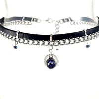 Image 2 of Black Leather and Silver Chain Choker with Blue Crystal
