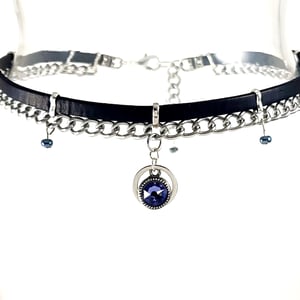 Image of Black Leather and Silver Chain Choker with Blue Crystal