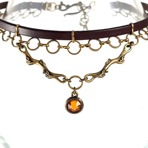 Image of Brown Leather and Brass Choker with Topaz Crystal and Brass Twigs 