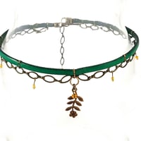 Image 2 of Green Leather and Brass Choker with Flower Stem