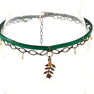 Image of Green Leather and Brass Choker with Flower Stem