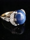 EDWARDIAN 18CT YELLOW GOLD PLATINUM STAR SAPPHIRE OLD CUT DIAMOND RING