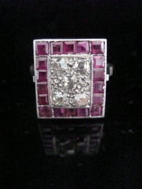 Image 1 of Art Deco 18ct natural ruby and diamond checkerboard cluster ring